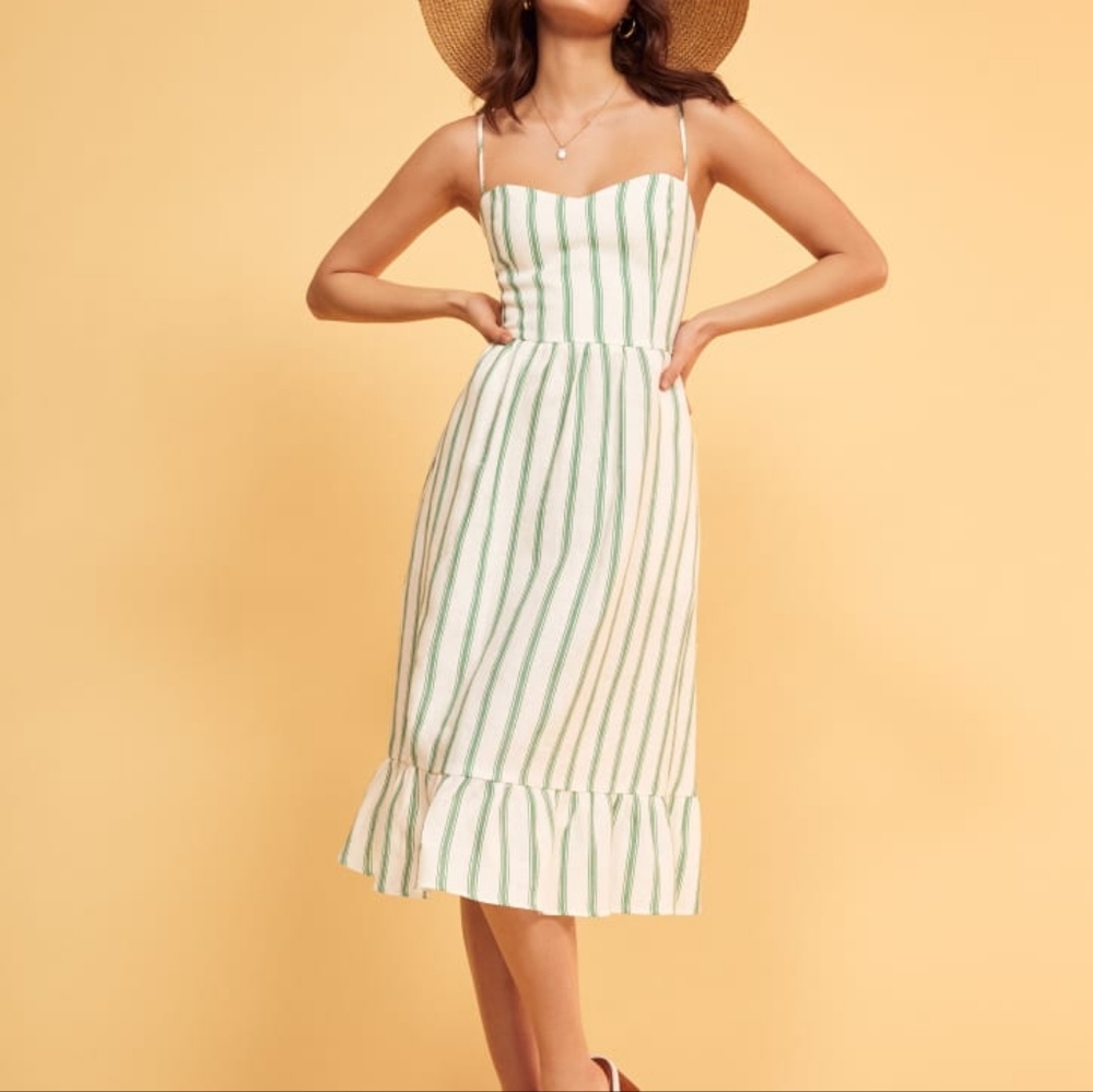 Reformation White Midi Dress with Green Stripes